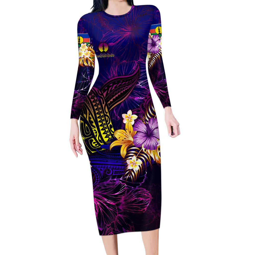 New Caledonia Family Matching Long Sleeve Bodycon Dress and Hawaiian Shirt Whale Hibiscus Polynesian DT02 Mom's Dress Purple - Polynesian Pride