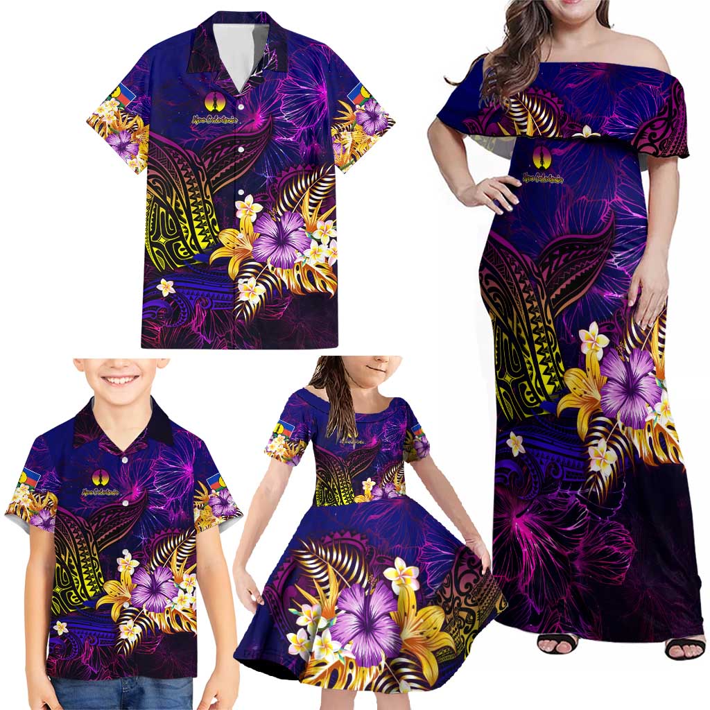 New Caledonia Family Matching Off Shoulder Maxi Dress and Hawaiian Shirt Whale Hibiscus Polynesian