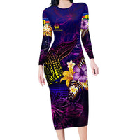 New Caledonia Long Sleeve Bodycon Dress Whale Hibiscus Polynesian