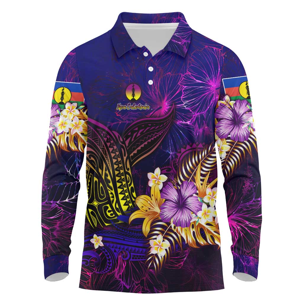New Caledonia Long Sleeve Polo Shirt Whale Hibiscus Polynesian DT02 Purple - Polynesian Pride