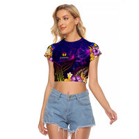 New Caledonia Raglan Cropped T Shirt Whale Hibiscus Polynesian DT02 Female Purple - Polynesian Pride