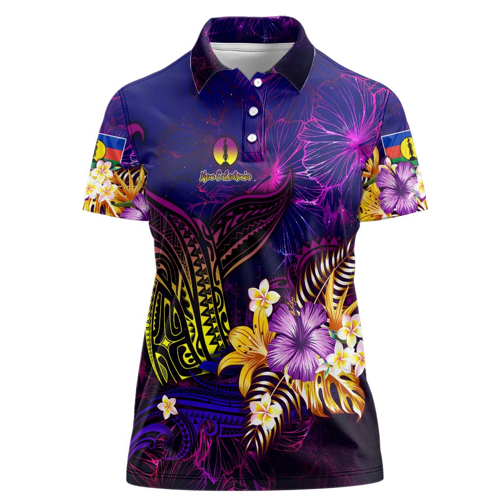 New Caledonia Women Polo Shirt Whale Hibiscus Polynesian
