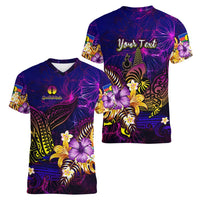 New Caledonia Women V-Neck T-Shirt Whale Hibiscus Polynesian