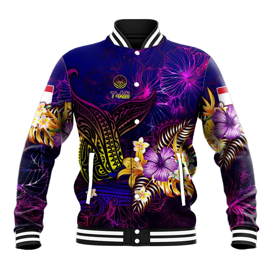 Tahiti French Polynesia Baseball Jacket Whale Hibiscus Polynesian DT02 Unisex Purple - Polynesian Pride