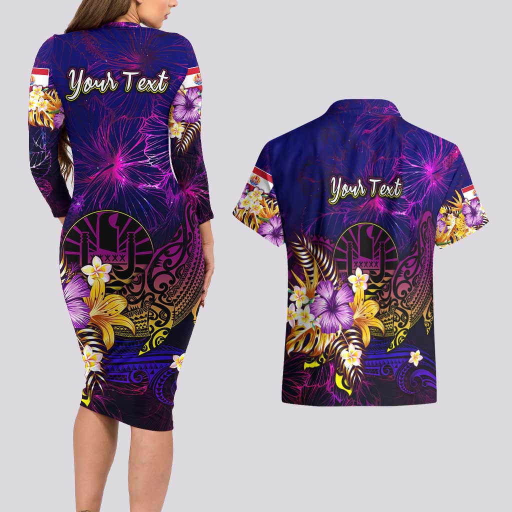Tahiti French Polynesia Couples Matching Long Sleeve Bodycon Dress and Hawaiian Shirt Whale Hibiscus Polynesian