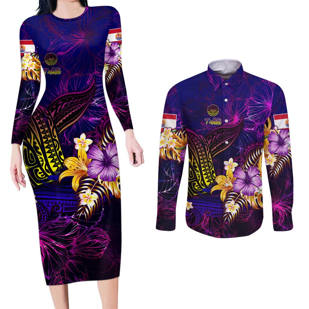 Tahiti French Polynesia Couples Matching Long Sleeve Bodycon Dress and Long Sleeve Button Shirt Whale Hibiscus Polynesian