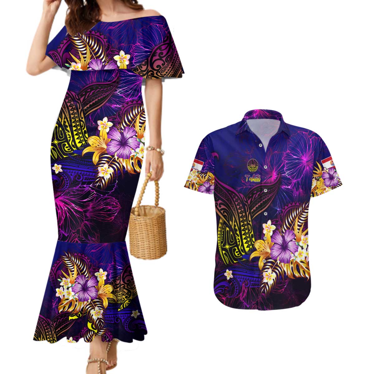 Tahiti French Polynesia Couples Matching Mermaid Dress and Hawaiian Shirt Whale Hibiscus Polynesian DT02 Purple - Polynesian Pride
