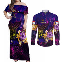 Tahiti French Polynesia Couples Matching Off Shoulder Maxi Dress and Long Sleeve Button Shirt Whale Hibiscus Polynesian DT02 Purple - Polynesian Pride