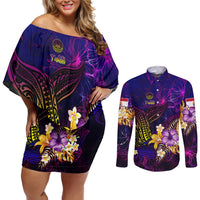Tahiti French Polynesia Couples Matching Off Shoulder Short Dress and Long Sleeve Button Shirt Whale Hibiscus Polynesian DT02 Purple - Polynesian Pride