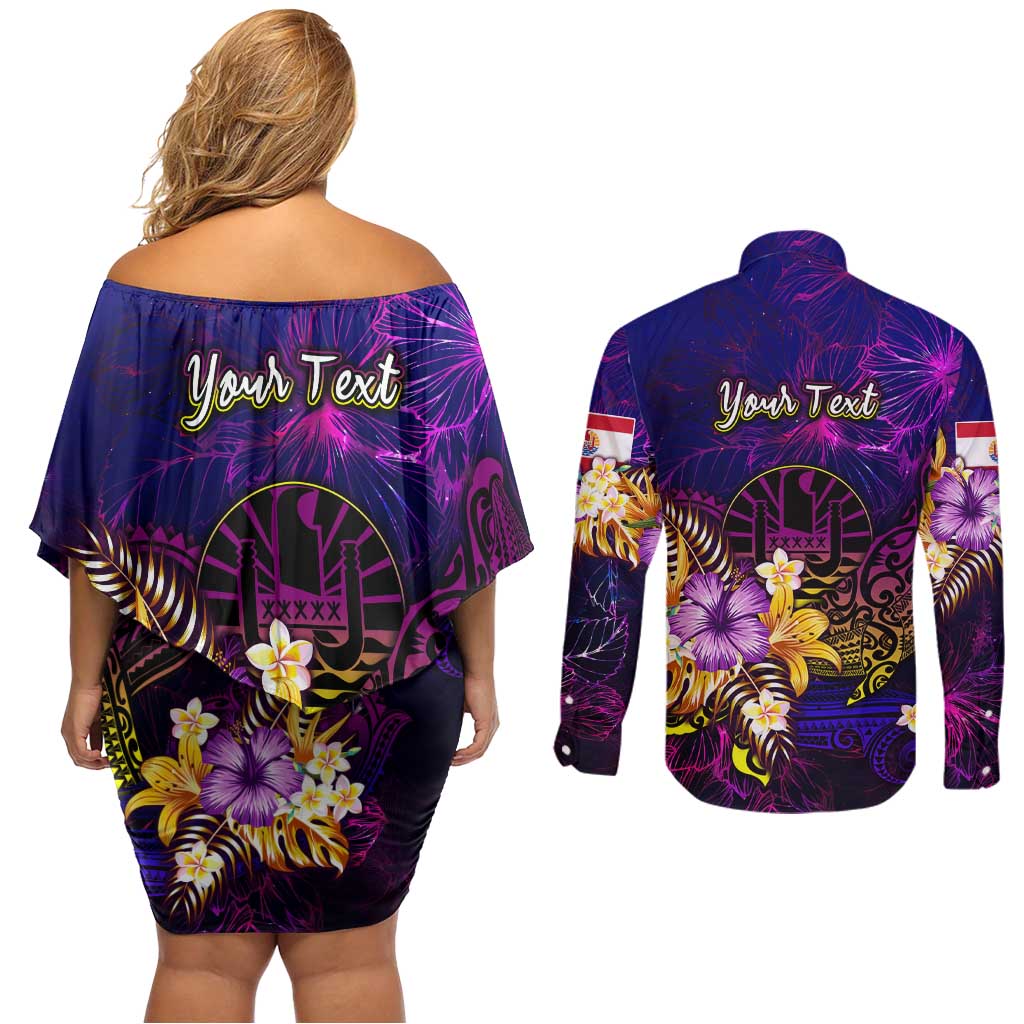 Tahiti French Polynesia Couples Matching Off Shoulder Short Dress and Long Sleeve Button Shirt Whale Hibiscus Polynesian DT02 - Polynesian Pride