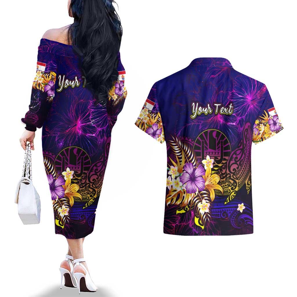 Tahiti French Polynesia Couples Matching Off The Shoulder Long Sleeve Dress and Hawaiian Shirt Whale Hibiscus Polynesian