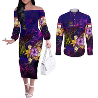 Tahiti French Polynesia Couples Matching Off The Shoulder Long Sleeve Dress and Long Sleeve Button Shirt Whale Hibiscus Polynesian DT02 Purple - Polynesian Pride
