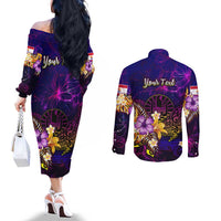 Tahiti French Polynesia Couples Matching Off The Shoulder Long Sleeve Dress and Long Sleeve Button Shirt Whale Hibiscus Polynesian DT02 - Polynesian Pride