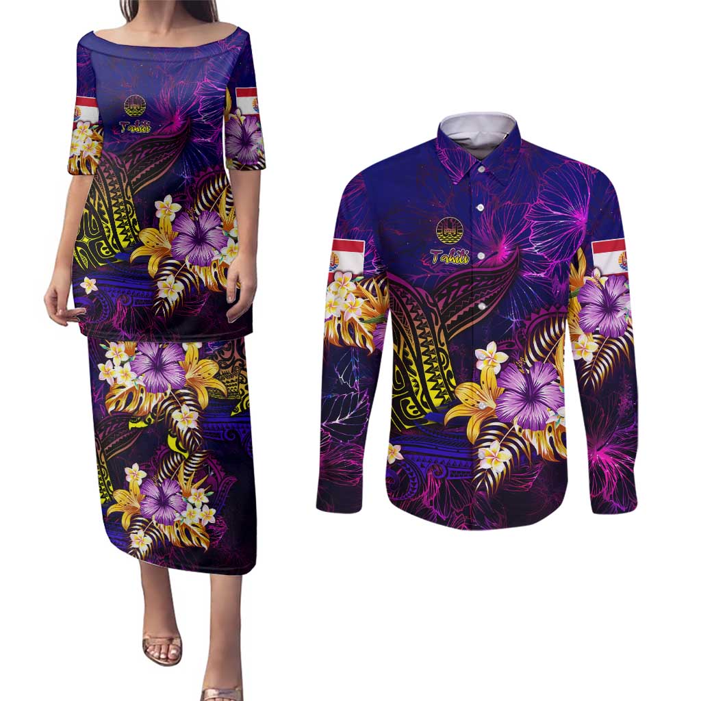 Tahiti French Polynesia Couples Matching Puletasi and Long Sleeve Button Shirt Whale Hibiscus Polynesian DT02 Purple - Polynesian Pride