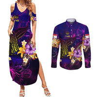Tahiti French Polynesia Couples Matching Summer Maxi Dress and Long Sleeve Button Shirt Whale Hibiscus Polynesian DT02 Purple - Polynesian Pride