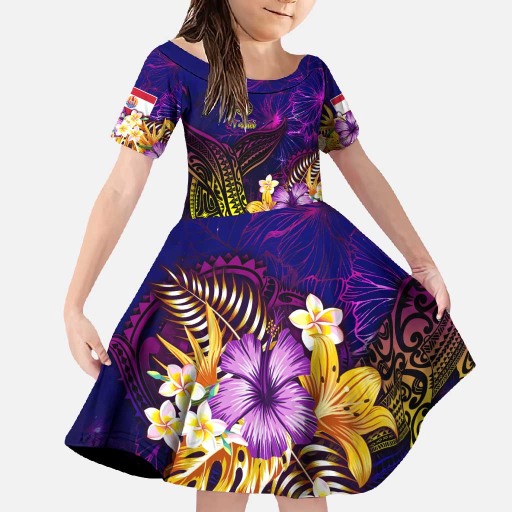 Tahiti French Polynesia Family Matching Mermaid Dress and Hawaiian Shirt Whale Hibiscus Polynesian DT02 Daughter's Dress Purple - Polynesian Pride