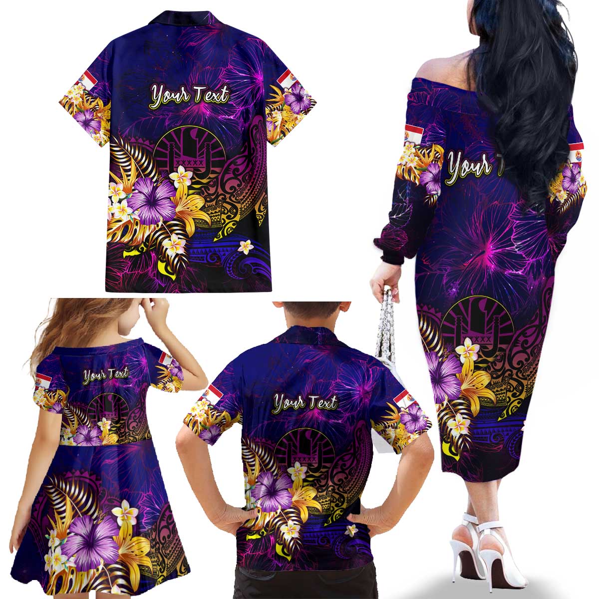 Tahiti French Polynesia Family Matching Off The Shoulder Long Sleeve Dress and Hawaiian Shirt Whale Hibiscus Polynesian