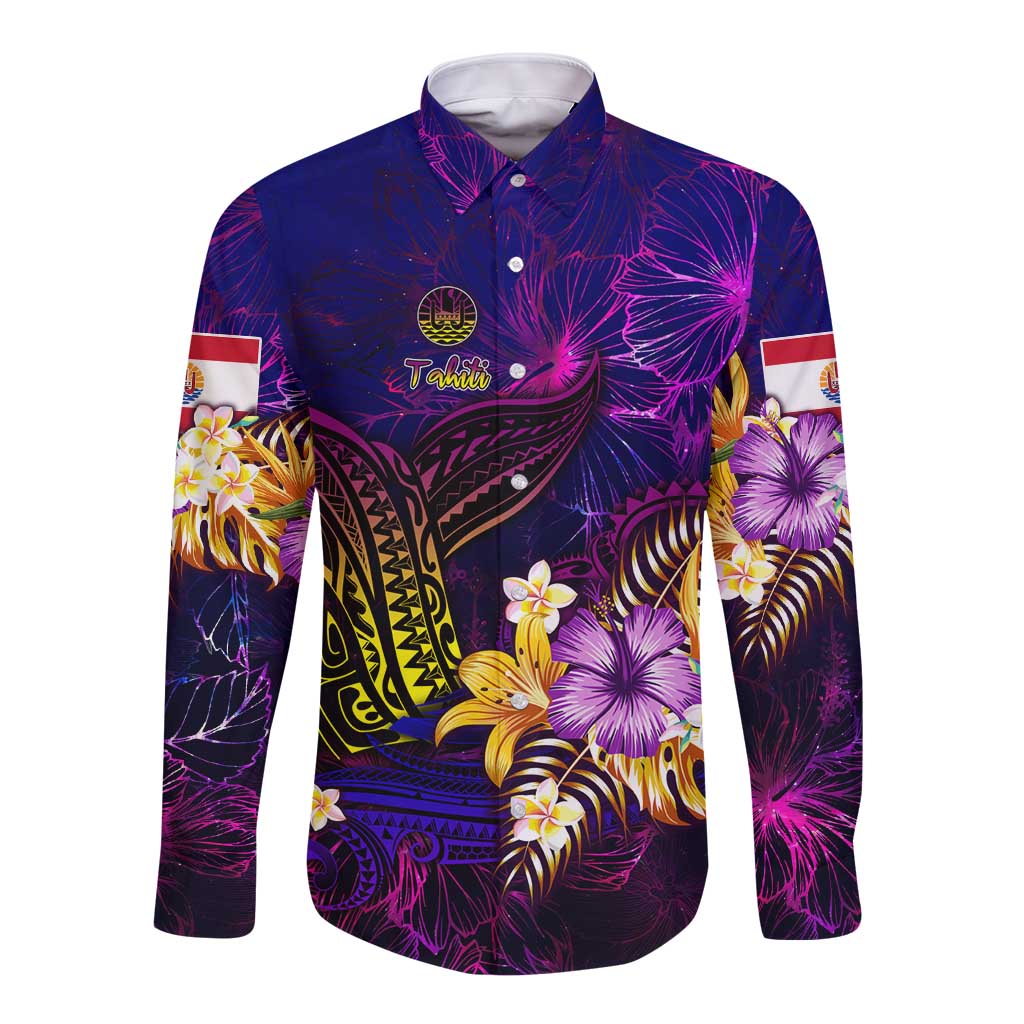 Tahiti French Polynesia Long Sleeve Button Shirt Whale Hibiscus Polynesian DT02 Unisex Purple - Polynesian Pride