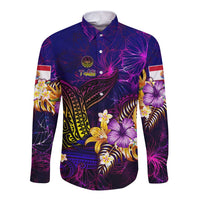 Tahiti French Polynesia Long Sleeve Button Shirt Whale Hibiscus Polynesian DT02 Unisex Purple - Polynesian Pride