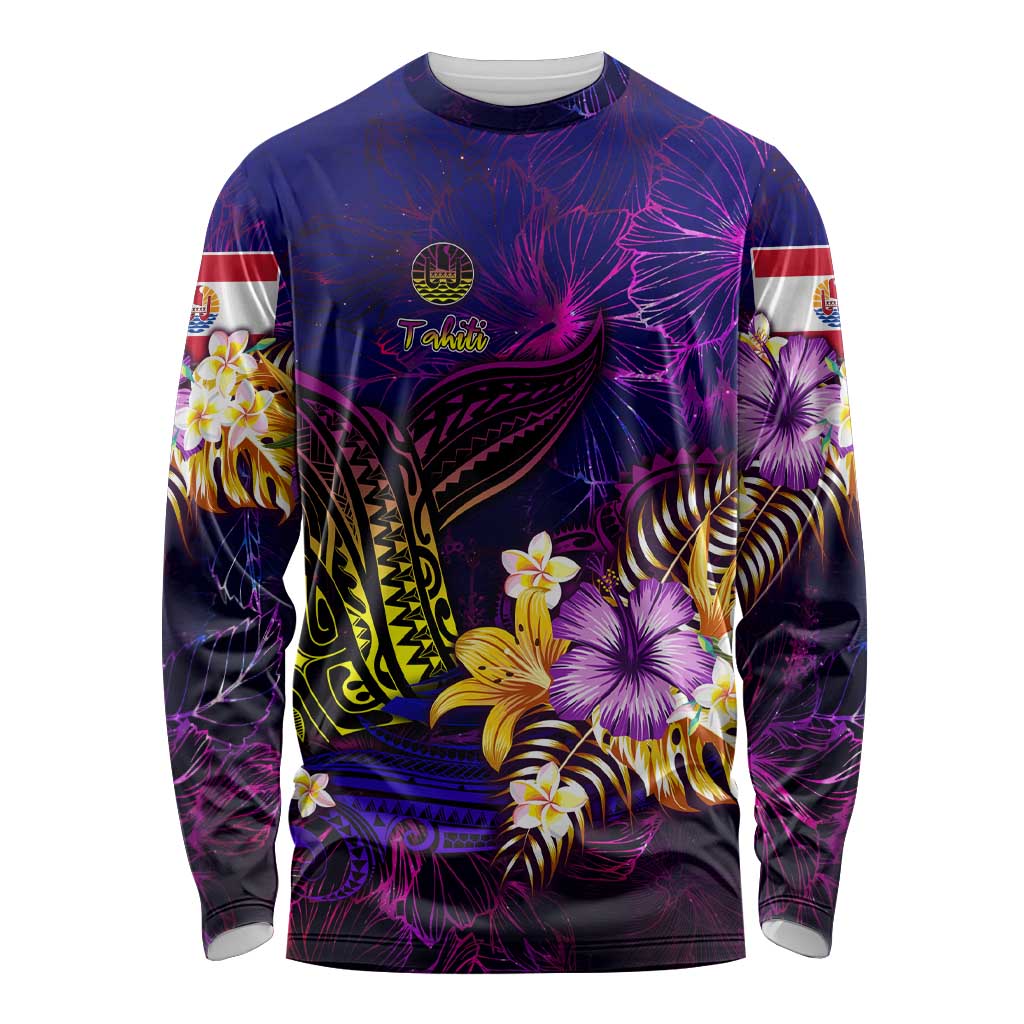 Tahiti French Polynesia Long Sleeve Shirt Whale Hibiscus Polynesian DT02 Unisex Purple - Polynesian Pride