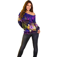 Tahiti French Polynesia Off Shoulder Sweater Whale Hibiscus Polynesian