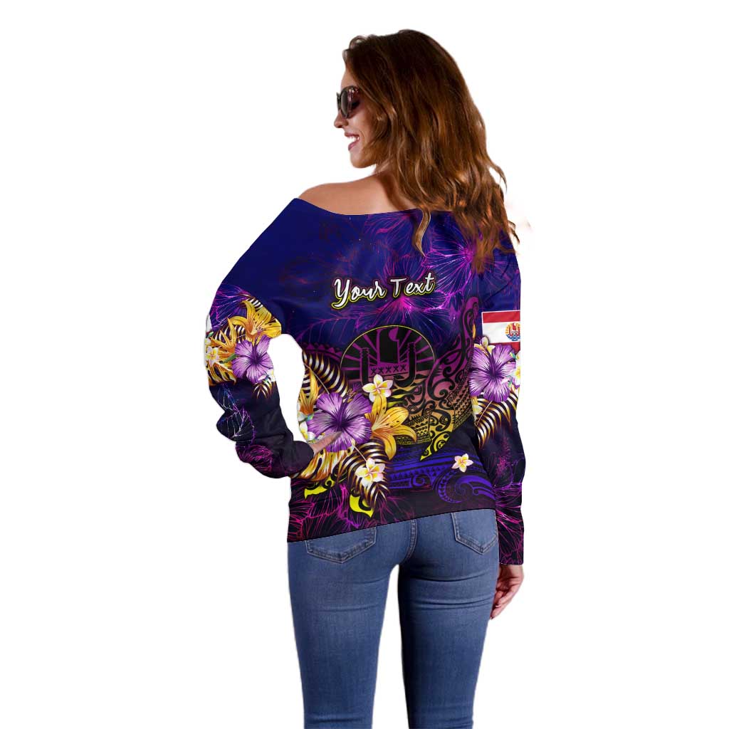 Tahiti French Polynesia Off Shoulder Sweater Whale Hibiscus Polynesian