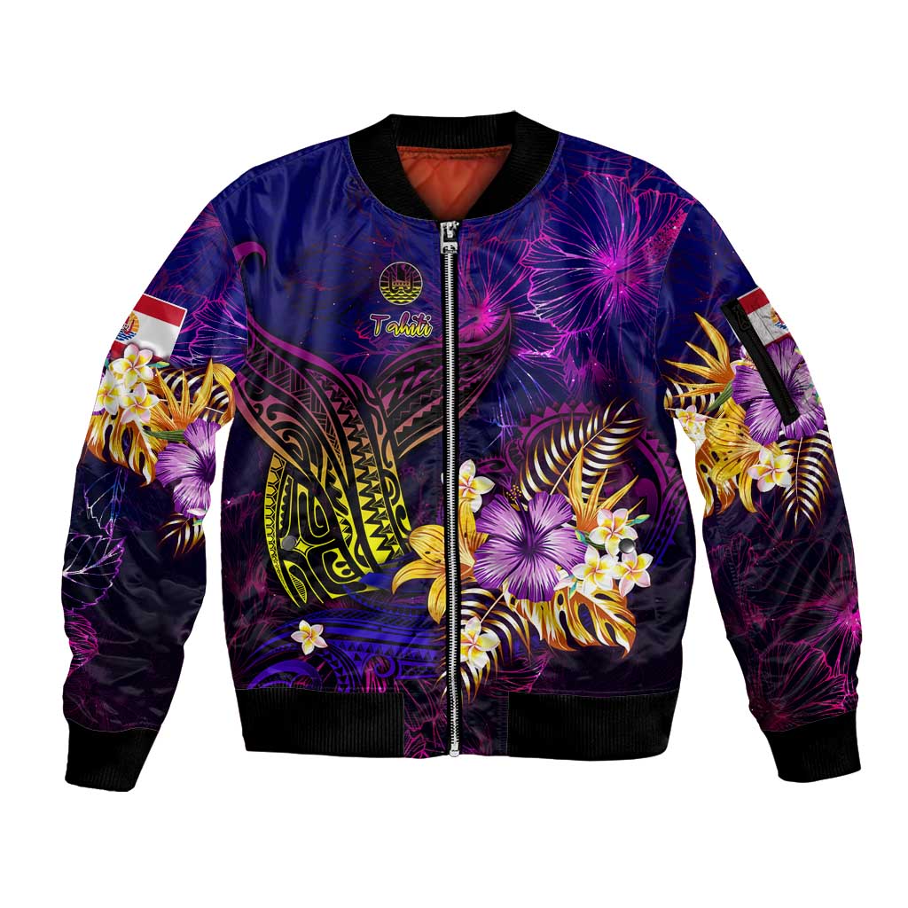 Tahiti French Polynesia Sleeve Zip Bomber Jacket Whale Hibiscus Polynesian DT02 Unisex Purple - Polynesian Pride