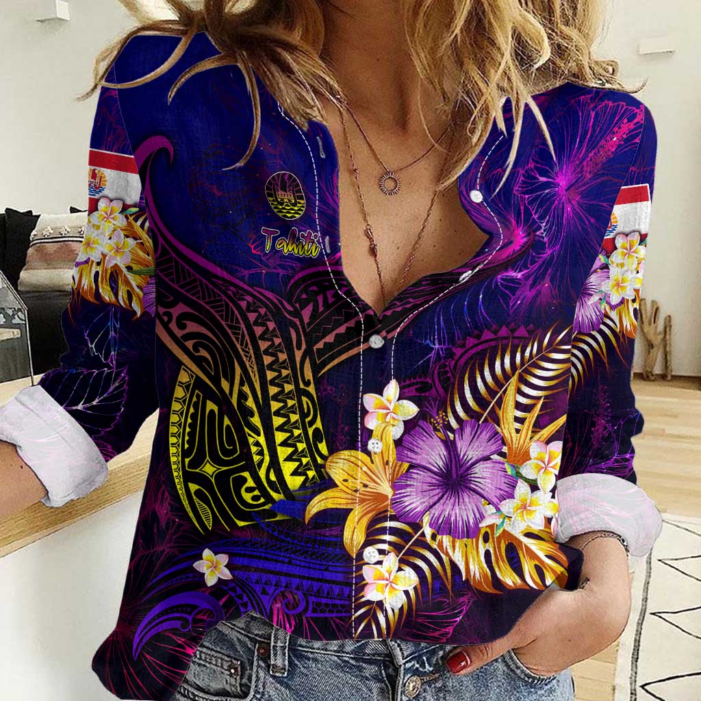 Tahiti French Polynesia Women Casual Shirt Whale Hibiscus Polynesian