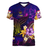 Tahiti French Polynesia Women V-Neck T-Shirt Whale Hibiscus Polynesian DT02 Female Purple - Polynesian Pride