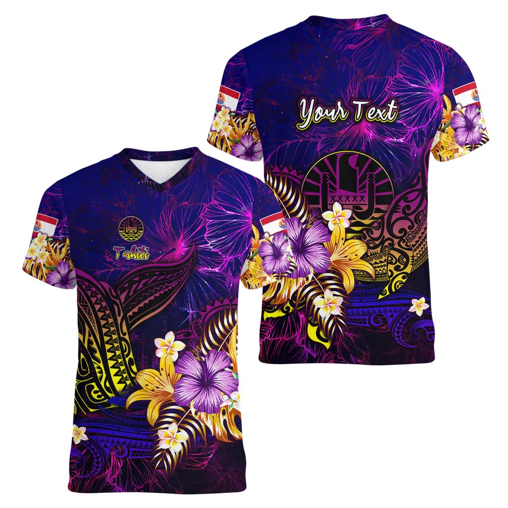 Tahiti French Polynesia Women V-Neck T-Shirt Whale Hibiscus Polynesian DT02 - Polynesian Pride