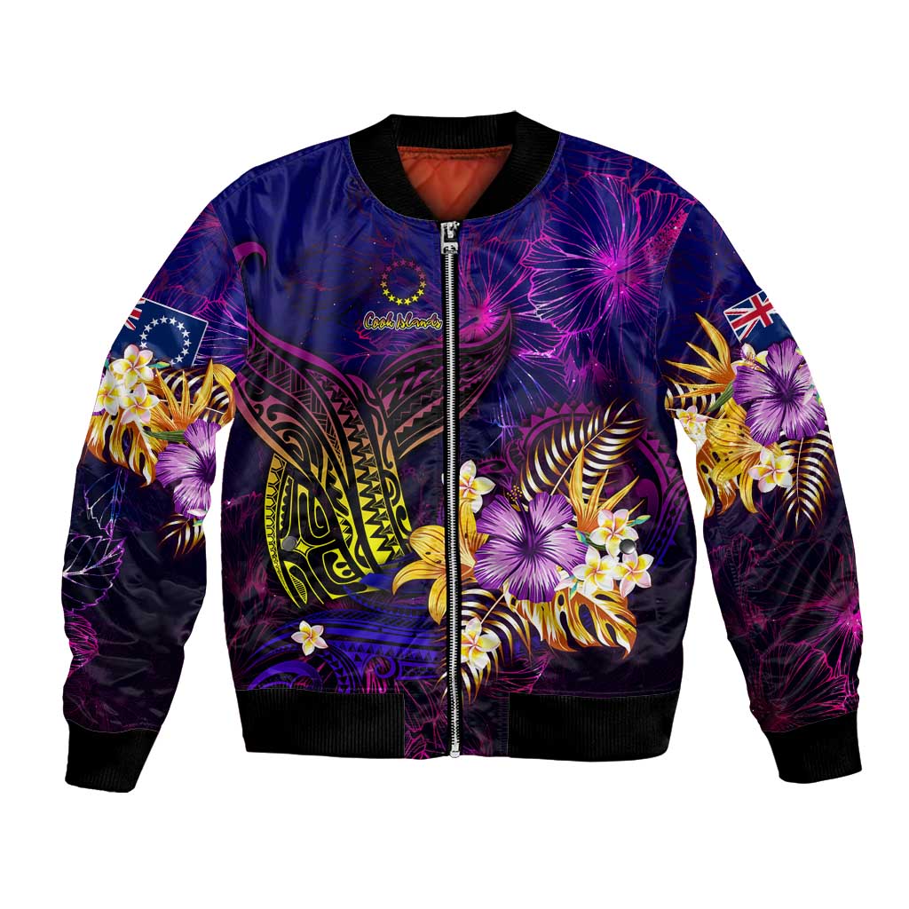 Cook Islands Bomber Jacket Whale Hibiscus Polynesian DT02 Unisex Purple - Polynesian Pride