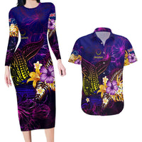 Cook Islands Couples Matching Long Sleeve Bodycon Dress and Hawaiian Shirt Whale Hibiscus Polynesian DT02 Purple - Polynesian Pride
