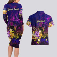 Cook Islands Couples Matching Long Sleeve Bodycon Dress and Hawaiian Shirt Whale Hibiscus Polynesian DT02 - Polynesian Pride