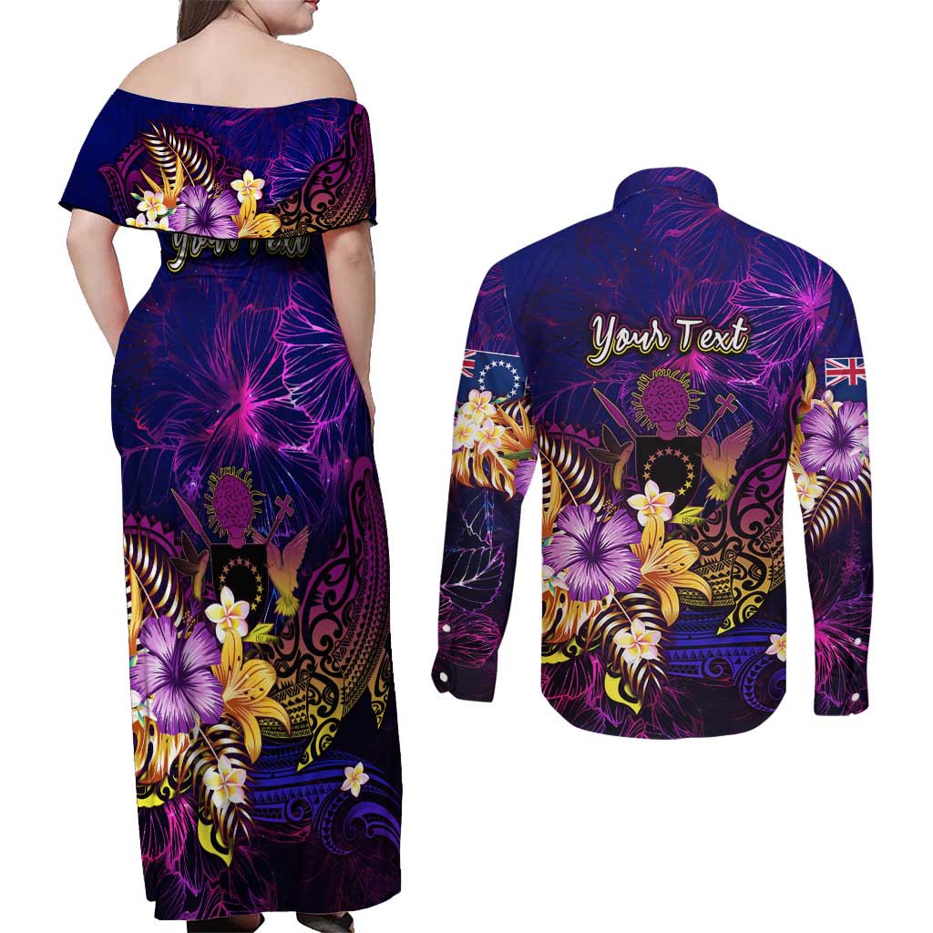 Cook Islands Couples Matching Off Shoulder Maxi Dress and Long Sleeve Button Shirt Whale Hibiscus Polynesian