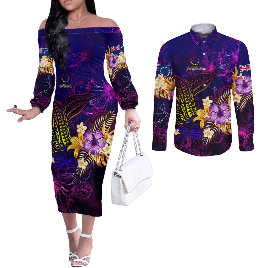 Cook Islands Couples Matching Off The Shoulder Long Sleeve Dress and Long Sleeve Button Shirt Whale Hibiscus Polynesian DT02 Purple - Polynesian Pride