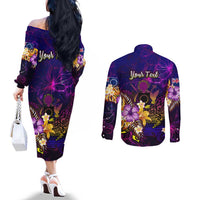 Cook Islands Couples Matching Off The Shoulder Long Sleeve Dress and Long Sleeve Button Shirt Whale Hibiscus Polynesian DT02 - Polynesian Pride