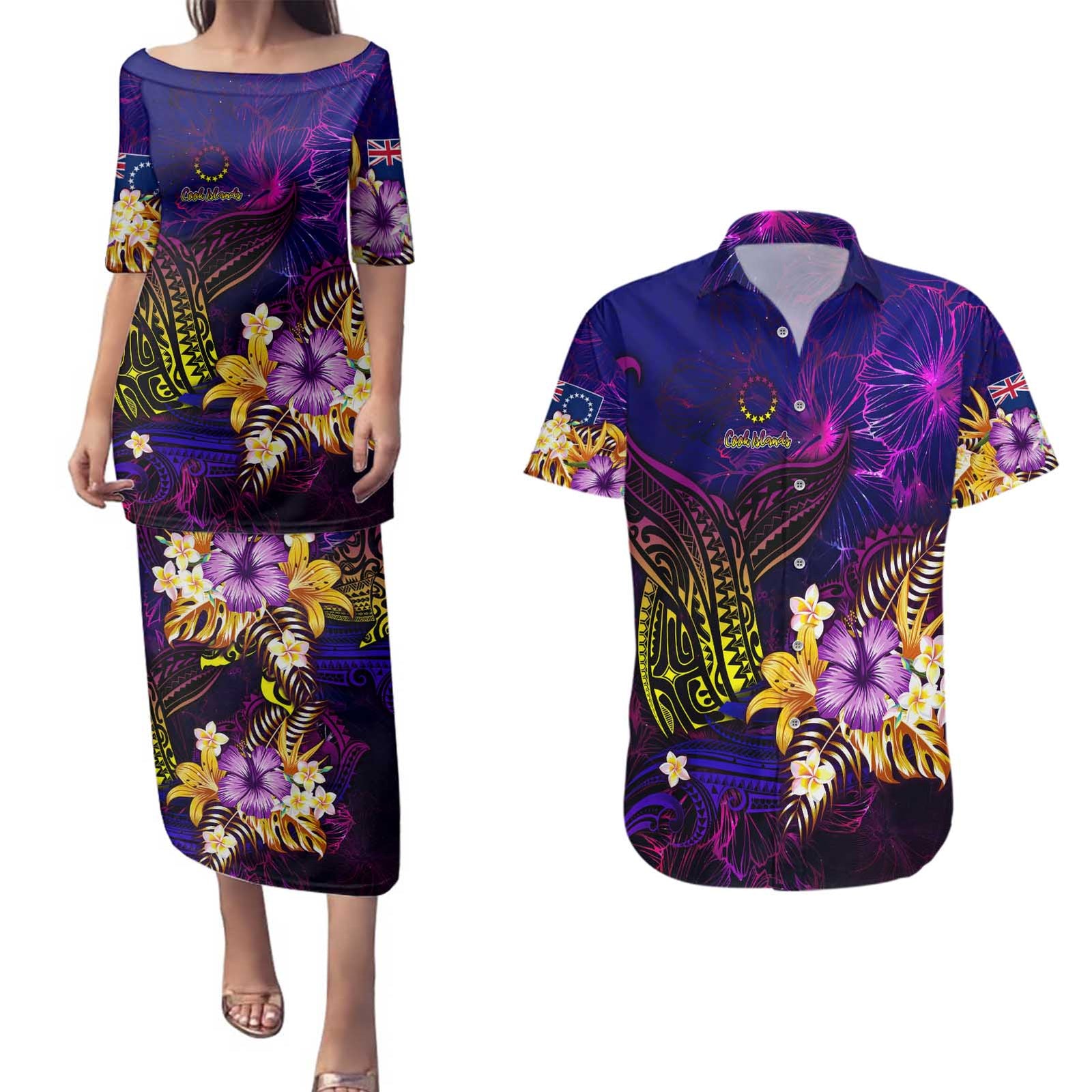 Cook Islands Couples Matching Puletasi and Hawaiian Shirt Whale Hibiscus Polynesian DT02 Purple - Polynesian Pride