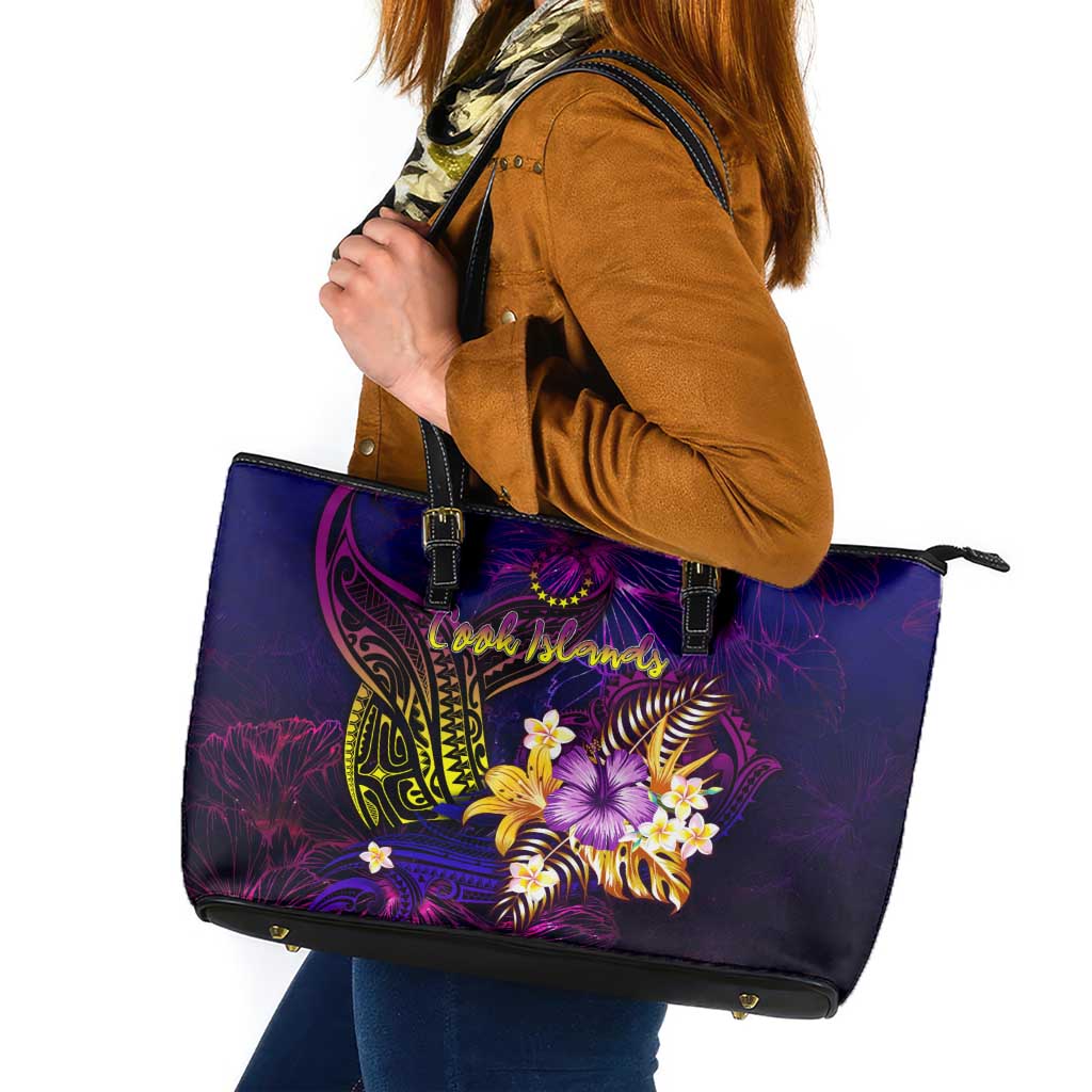 Cook Islands Leather Tote Bag Whale Hibiscus Polynesian DT02 Purple - Polynesian Pride