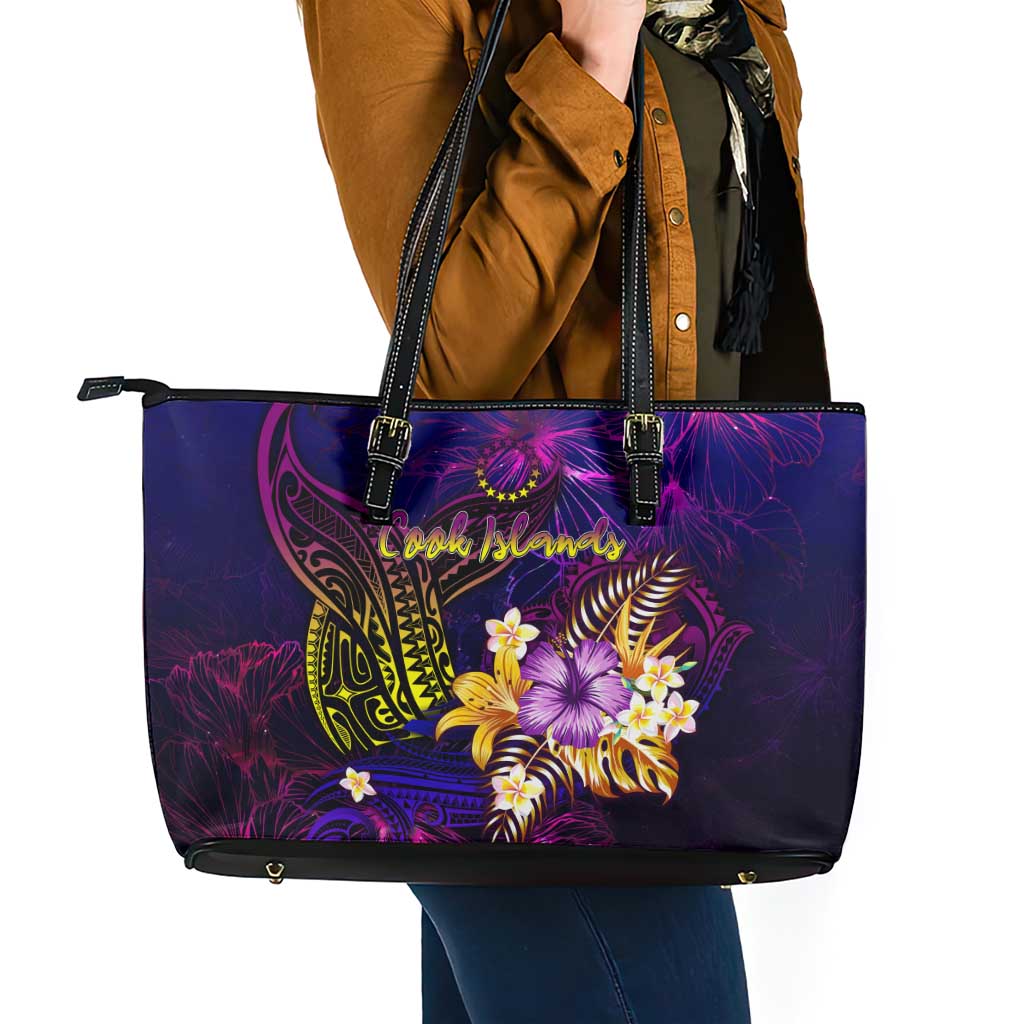 Cook Islands Leather Tote Bag Whale Hibiscus Polynesian DT02 - Polynesian Pride