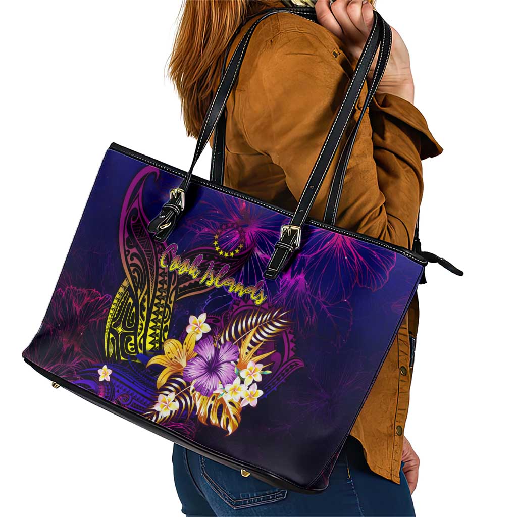 Cook Islands Leather Tote Bag Whale Hibiscus Polynesian DT02 - Polynesian Pride