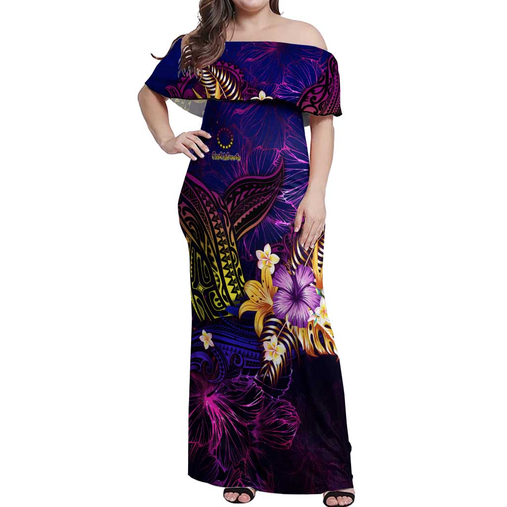 Cook Islands Off Shoulder Maxi Dress Whale Hibiscus Polynesian