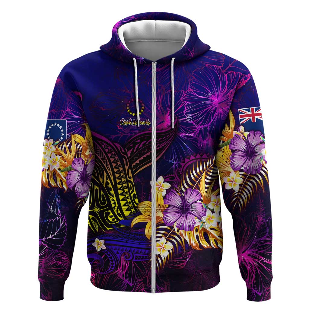 Cook Islands Zip Hoodie Whale Hibiscus Polynesian