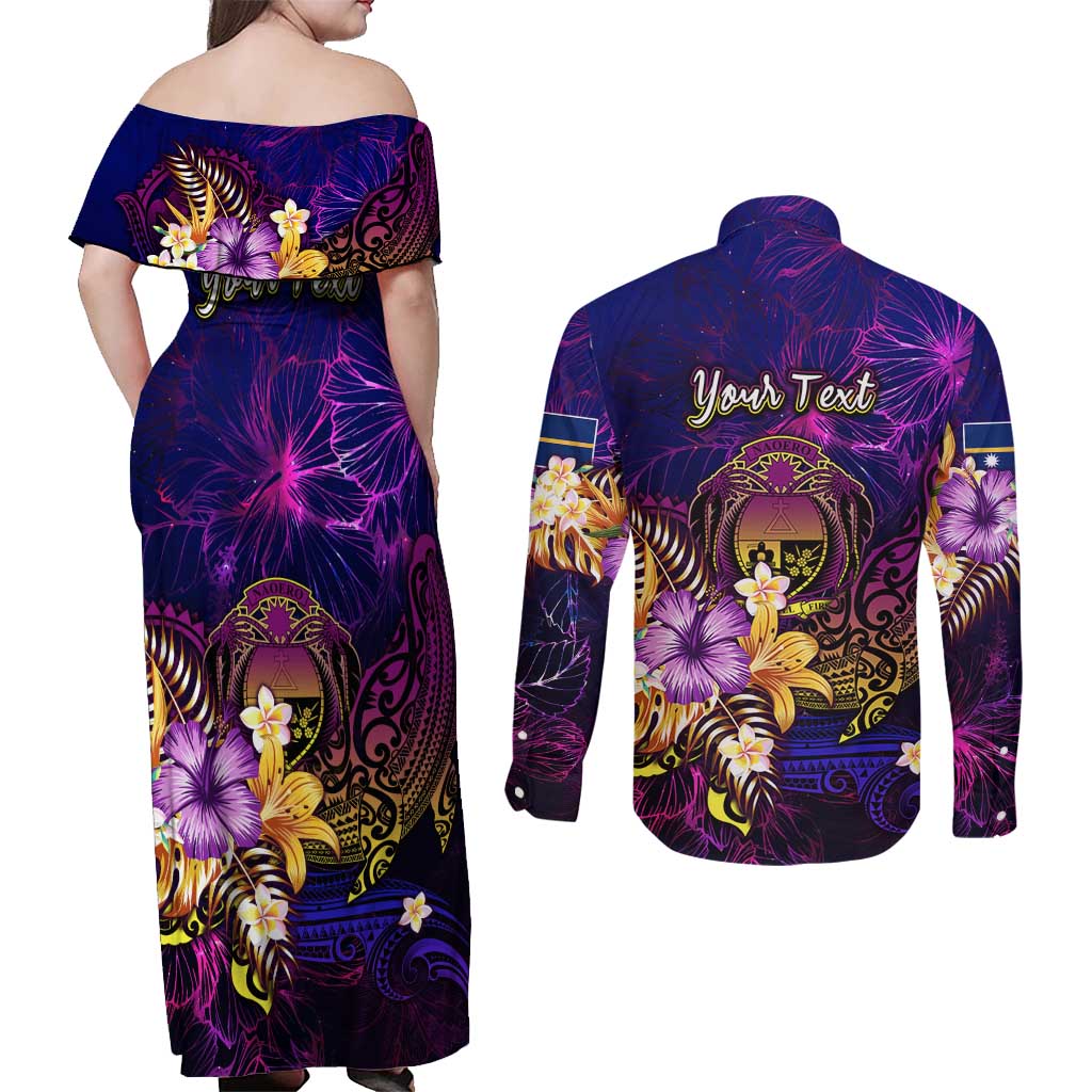 Nauru Couples Matching Off Shoulder Maxi Dress and Long Sleeve Button Shirt Whale Hibiscus Polynesian
