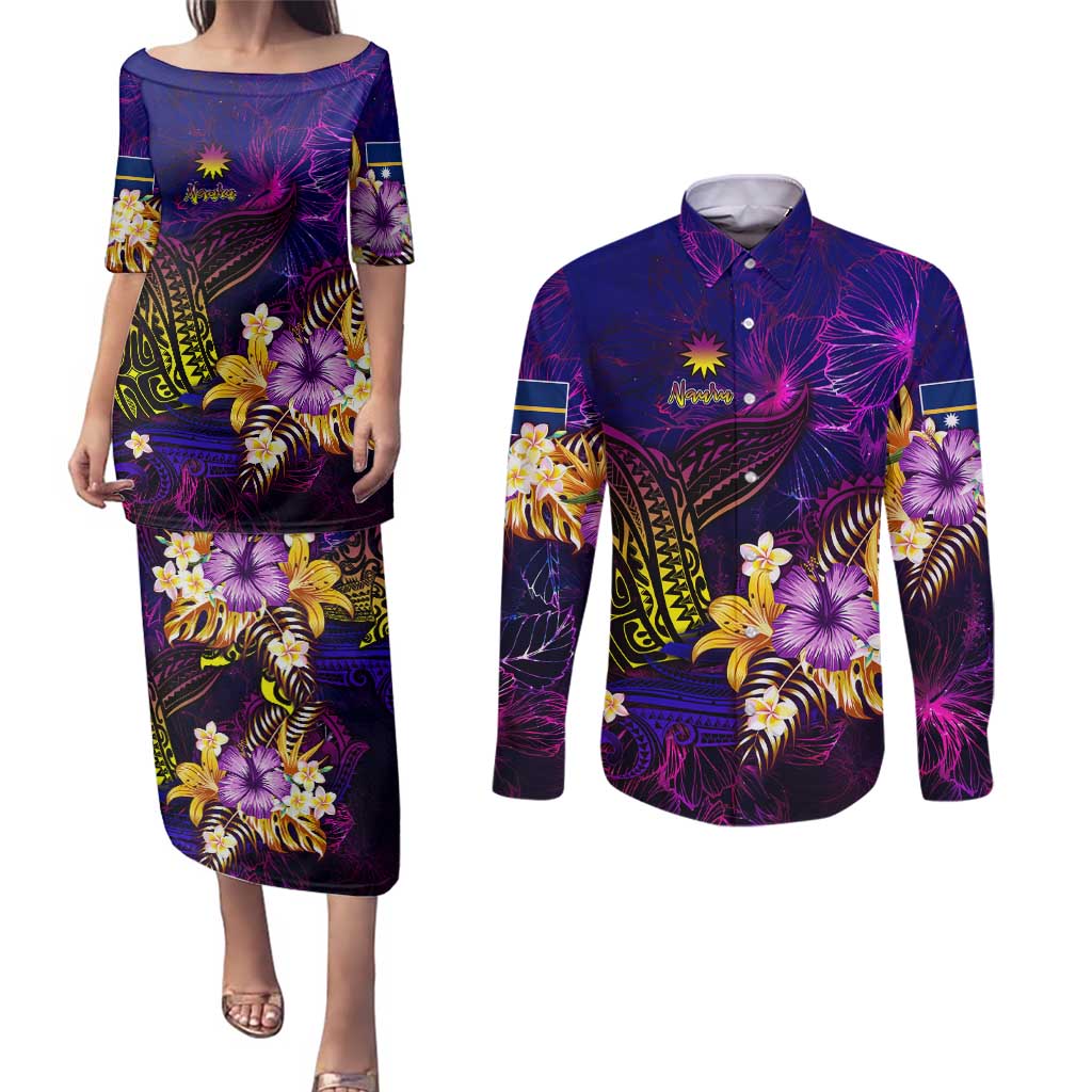 Nauru Couples Matching Puletasi and Long Sleeve Button Shirt Whale Hibiscus Polynesian