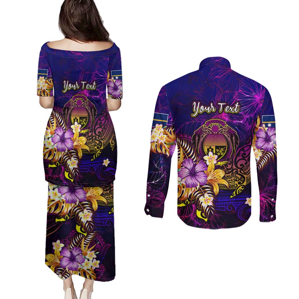 Nauru Couples Matching Puletasi and Long Sleeve Button Shirt Whale Hibiscus Polynesian