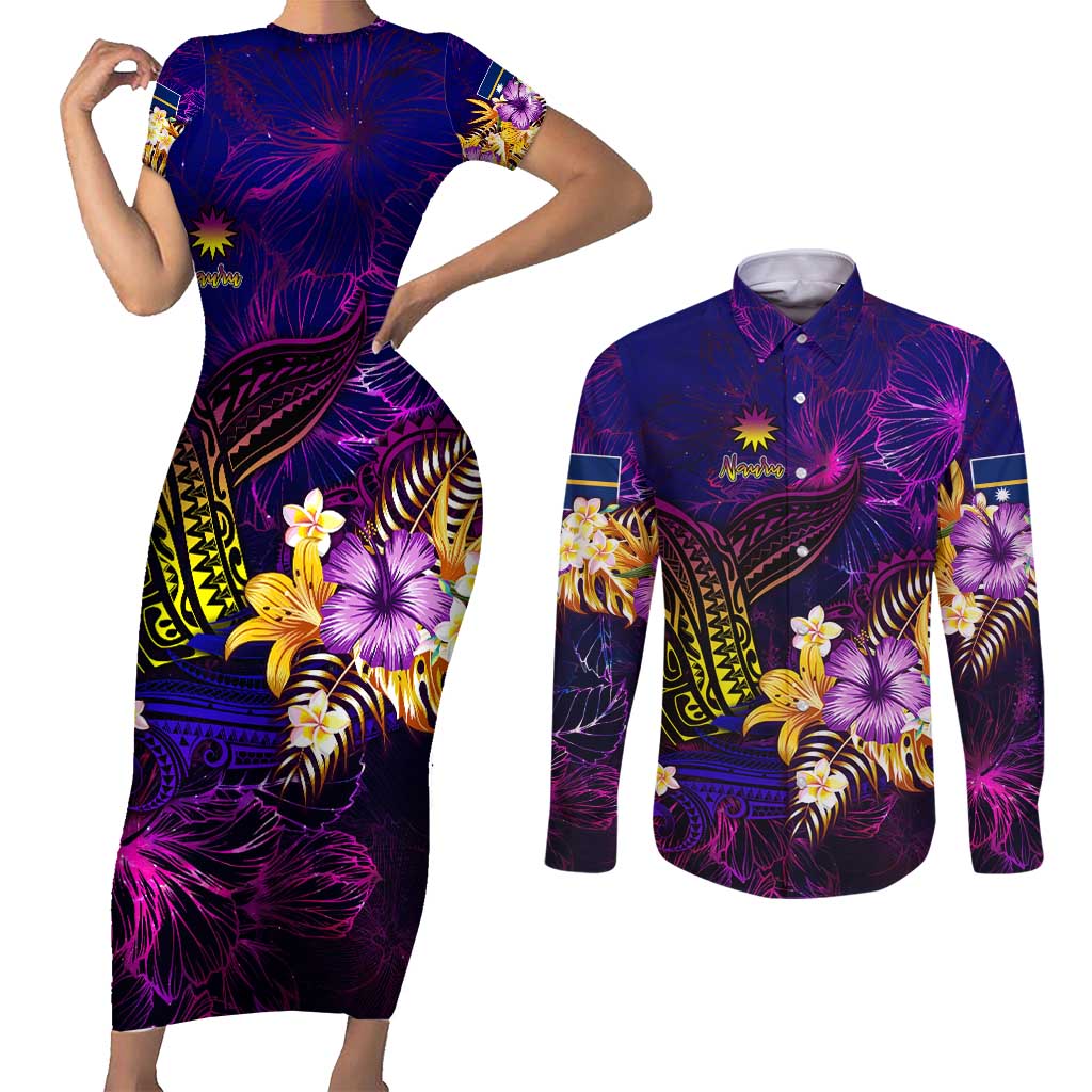 Nauru Couples Matching Short Sleeve Bodycon Dress and Long Sleeve Button Shirt Whale Hibiscus Polynesian