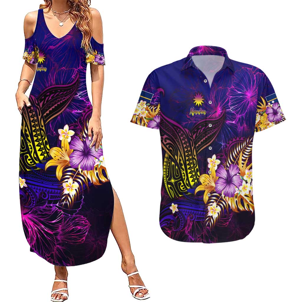 Nauru Couples Matching Summer Maxi Dress and Hawaiian Shirt Whale Hibiscus Polynesian