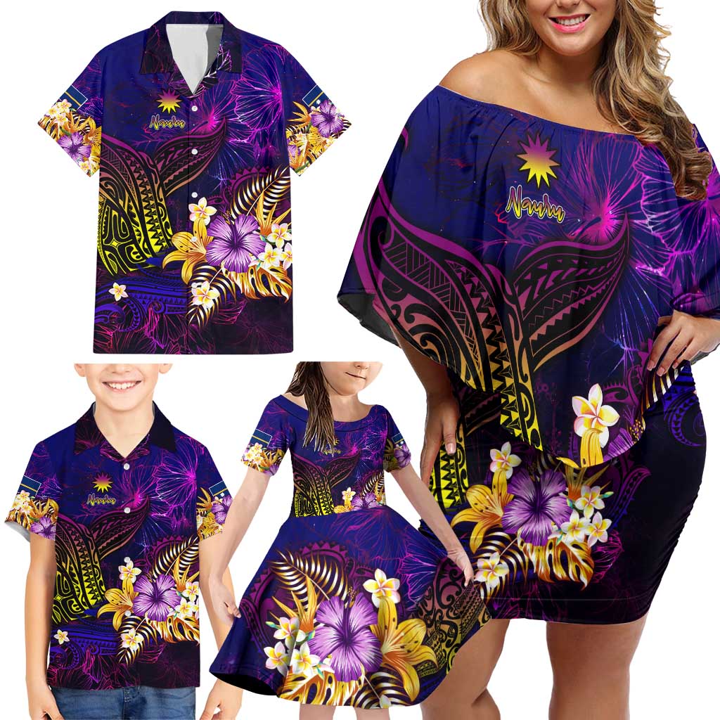 Nauru Family Matching Off Shoulder Short Dress and Hawaiian Shirt Whale Hibiscus Polynesian