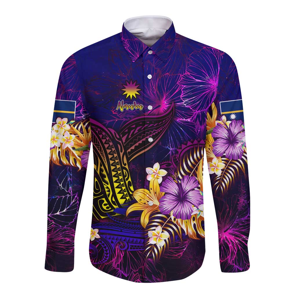 Nauru Long Sleeve Button Shirt Whale Hibiscus Polynesian