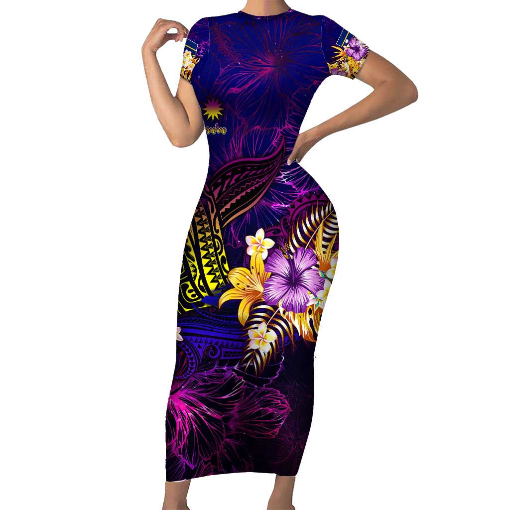 Nauru Short Sleeve Bodycon Dress Whale Hibiscus Polynesian